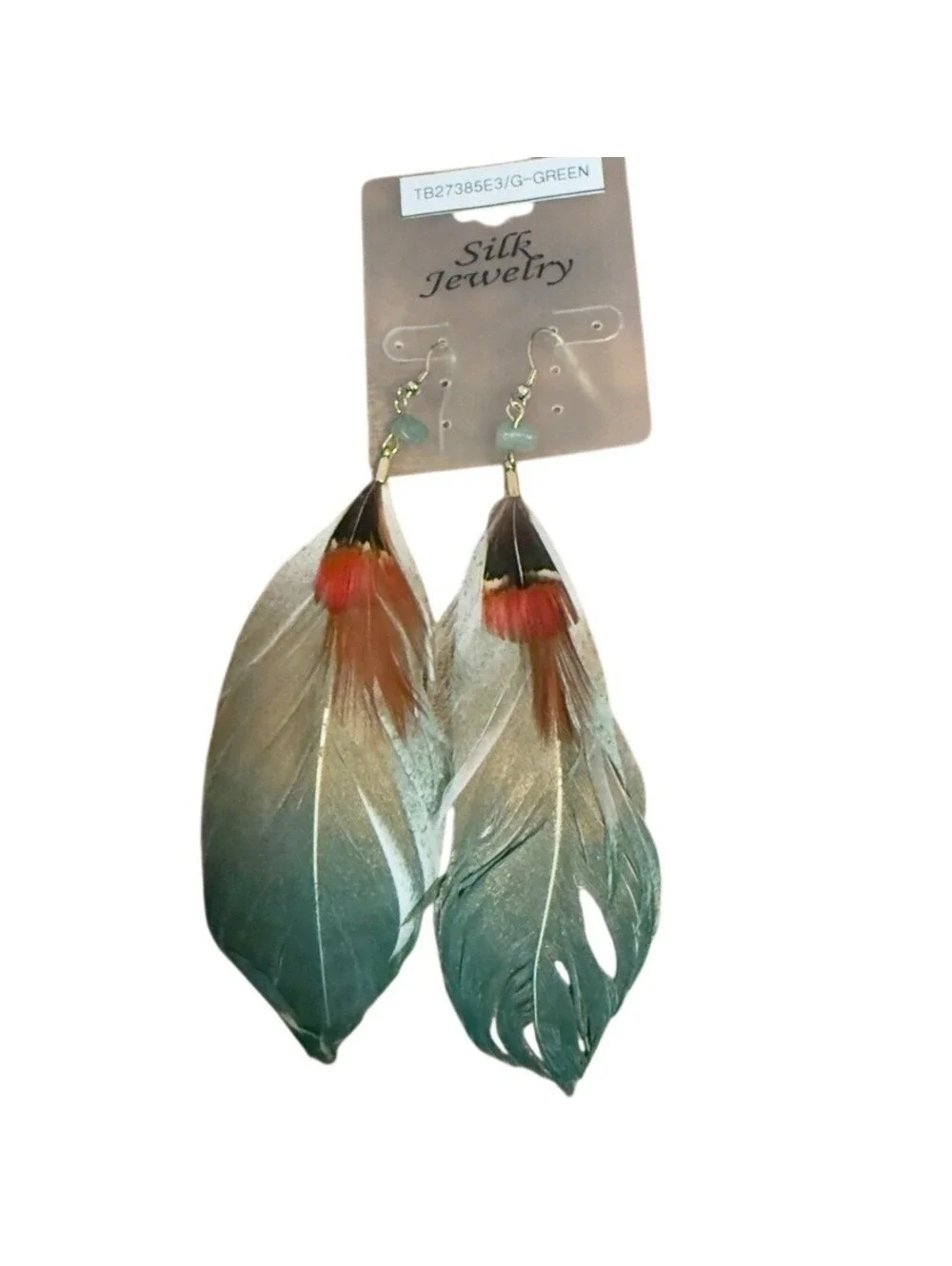 Silk Jewelry Women's Feather Earrings Green Blue Dangle Bohemian Tribal Boho